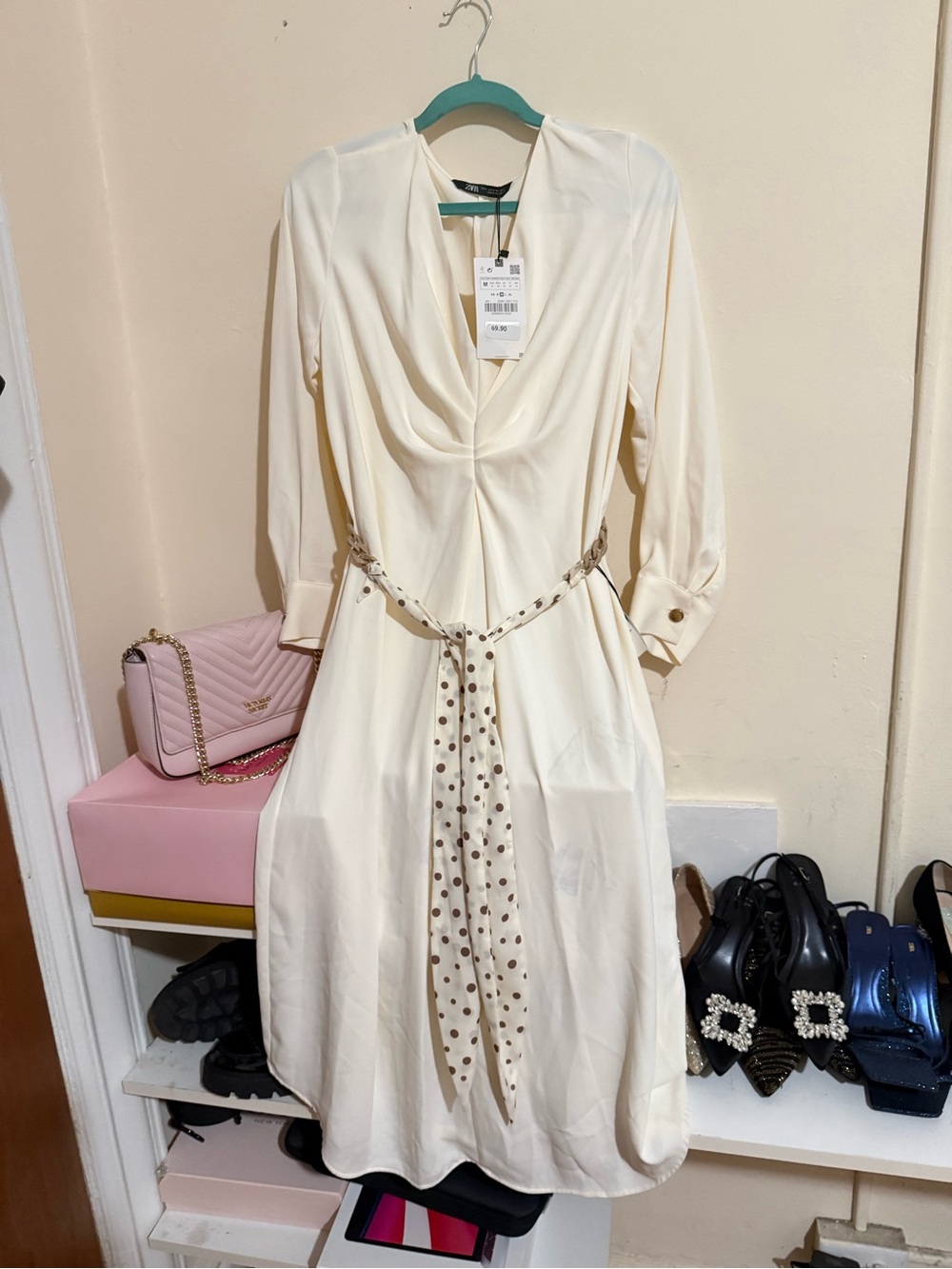 Zara Cream Long-Sleeve V-Neck Dress with Polka Dot Sash